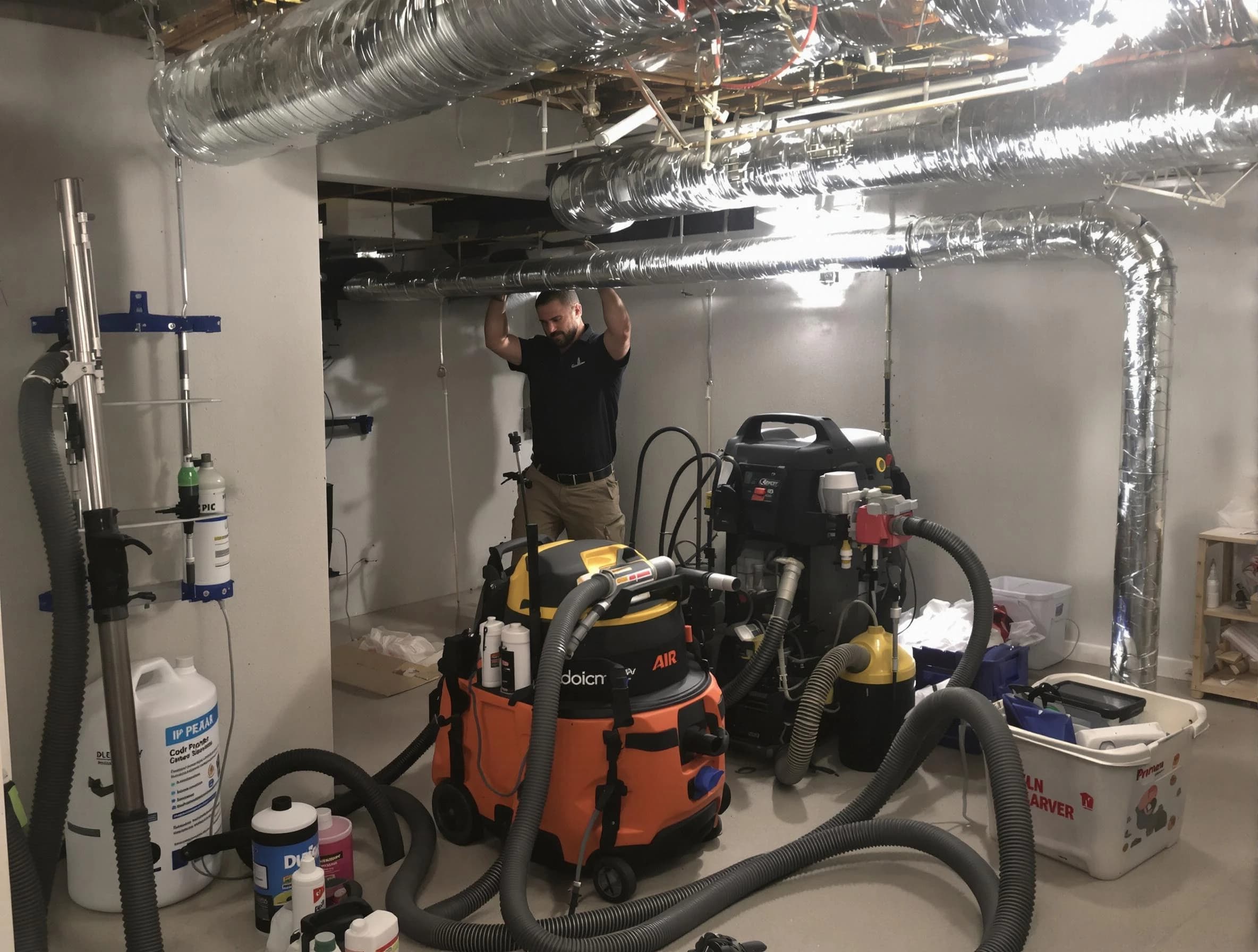 Andover Air Duct Cleaning specialist performing professional mold removal from air ducts using safety equipment in Andover